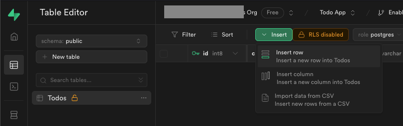 Supabase insert data to the table